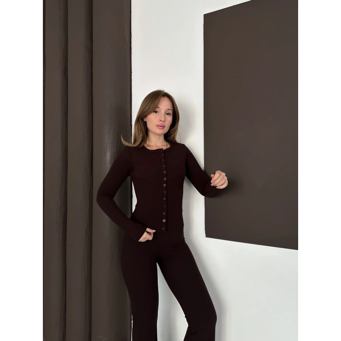 Düğme Detaylı İspanyol Paça İkili Set Kahverengi