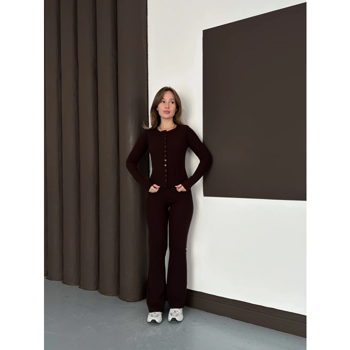 Düğme Detaylı İspanyol Paça İkili Set Kahverengi