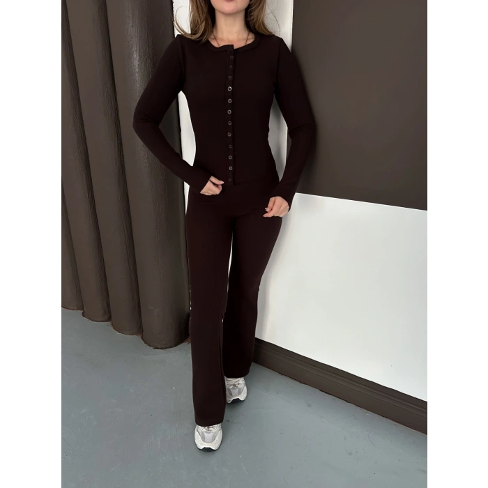 Düğme Detaylı İspanyol Paça İkili Set Kahverengi