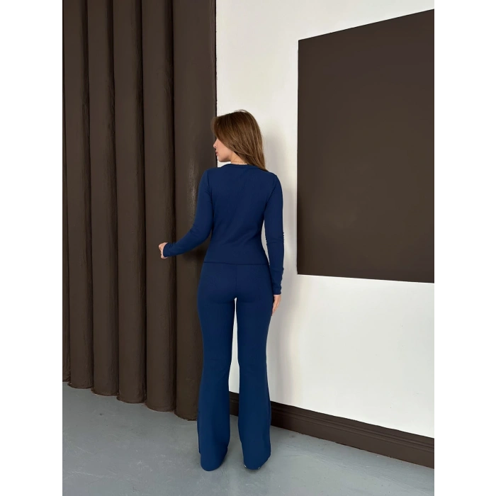 Düğme Detaylı İspanyol Paça İkili Set Lacivert