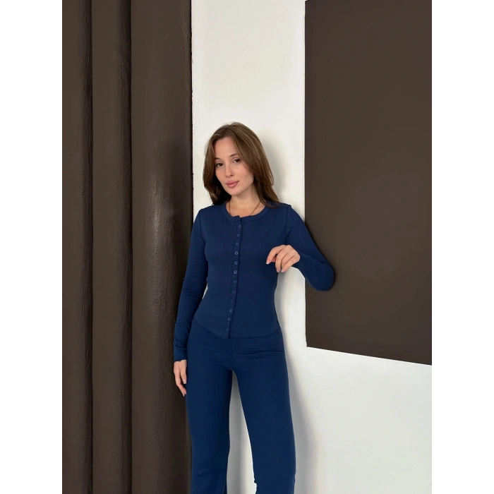 Düğme Detaylı İspanyol Paça İkili Set Lacivert