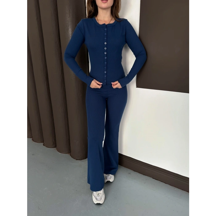 Düğme Detaylı İspanyol Paça İkili Set Lacivert