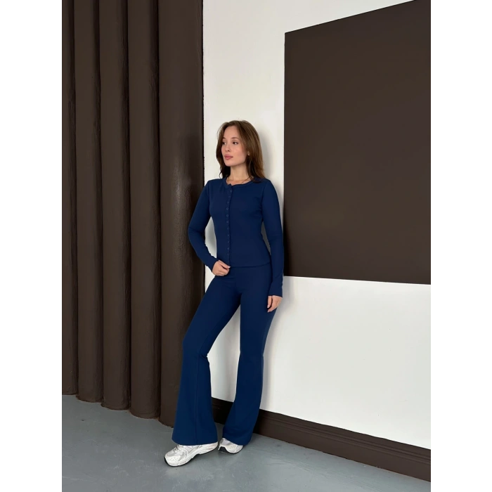 Düğme Detaylı İspanyol Paça İkili Set Lacivert