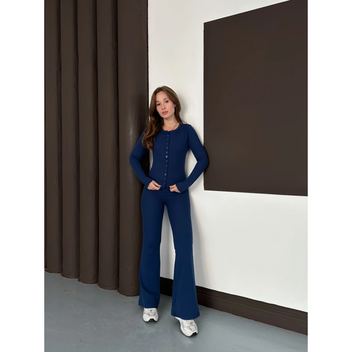 Düğme Detaylı İspanyol Paça İkili Set Lacivert
