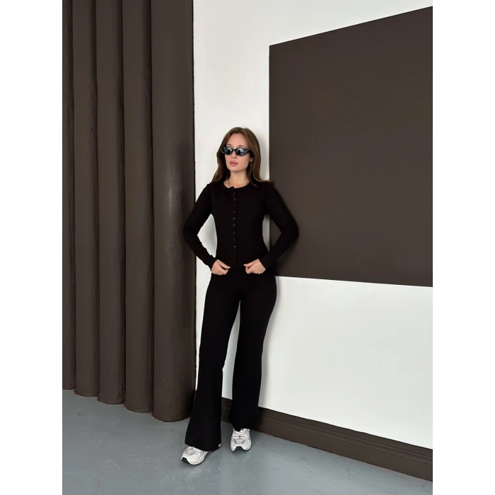 Düğme Detaylı İspanyol Paça İkili Set Siyah