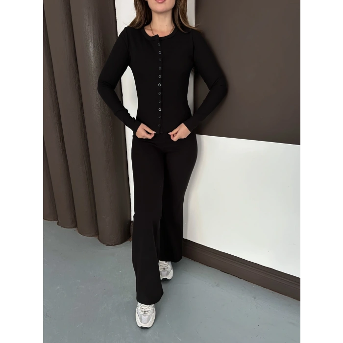 Düğme Detaylı İspanyol Paça İkili Set Siyah