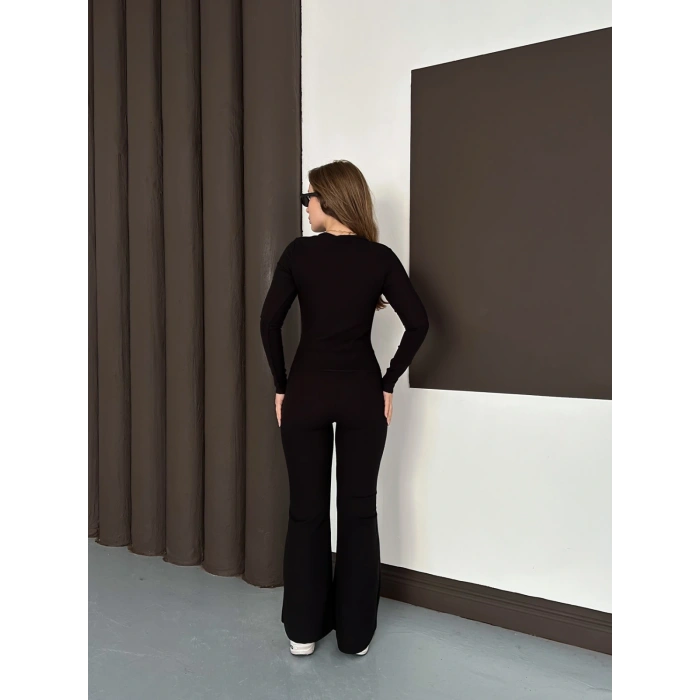 Düğme Detaylı İspanyol Paça İkili Set Siyah