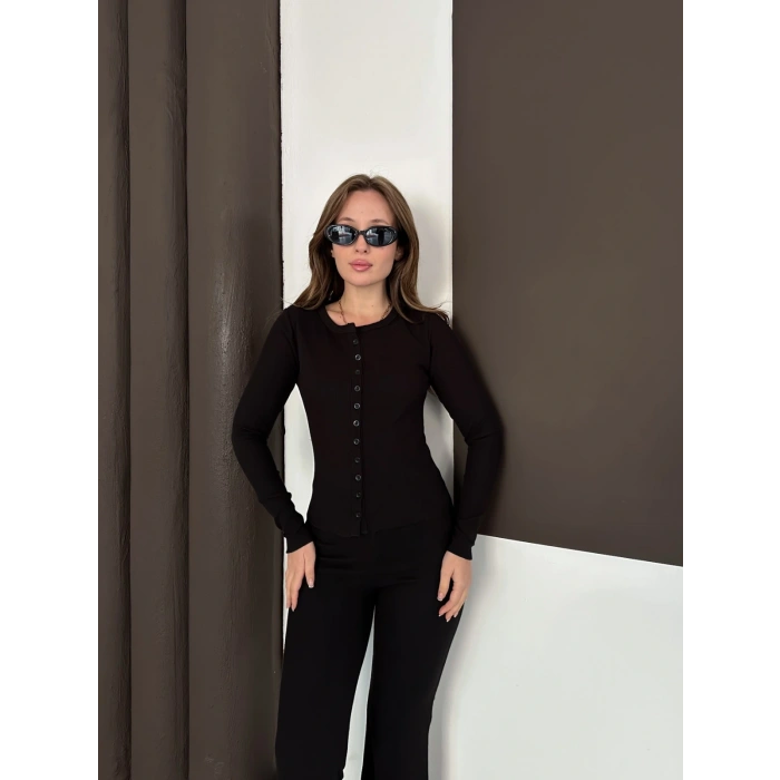 Düğme Detaylı İspanyol Paça İkili Set Siyah