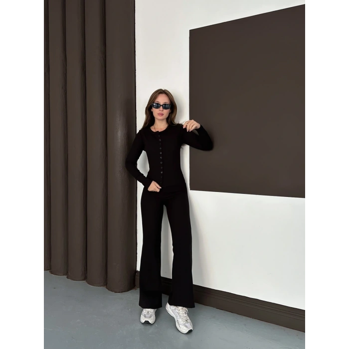 Düğme Detaylı İspanyol Paça İkili Set Siyah
