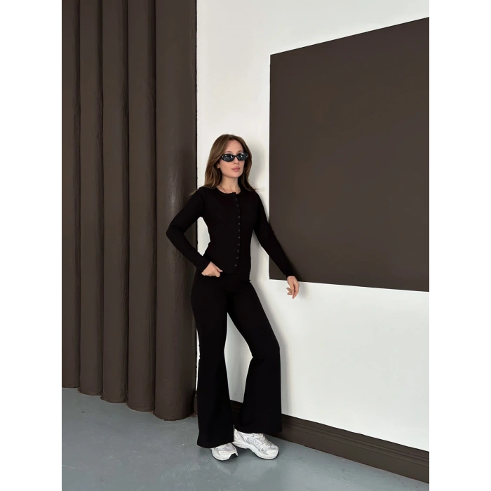 Düğme Detaylı İspanyol Paça İkili Set Siyah