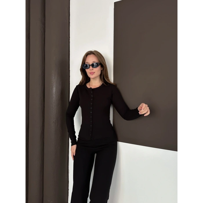 Düğme Detaylı İspanyol Paça İkili Set Siyah