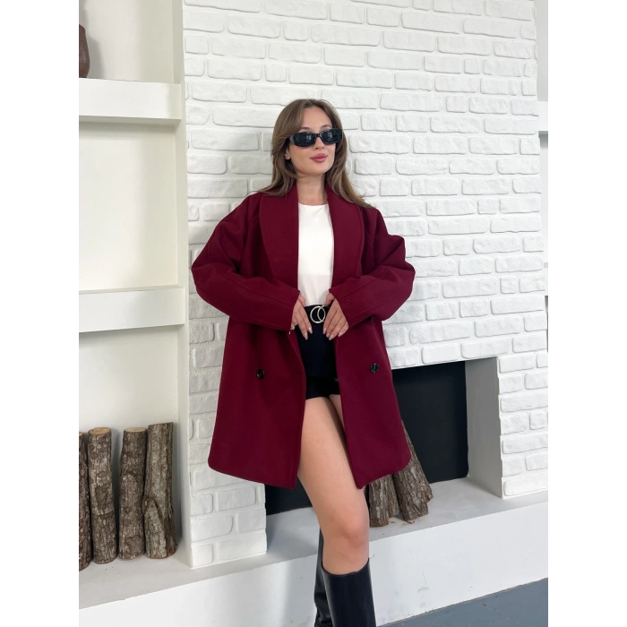 Düğme Detaylı Kaşe Ceket Bordo