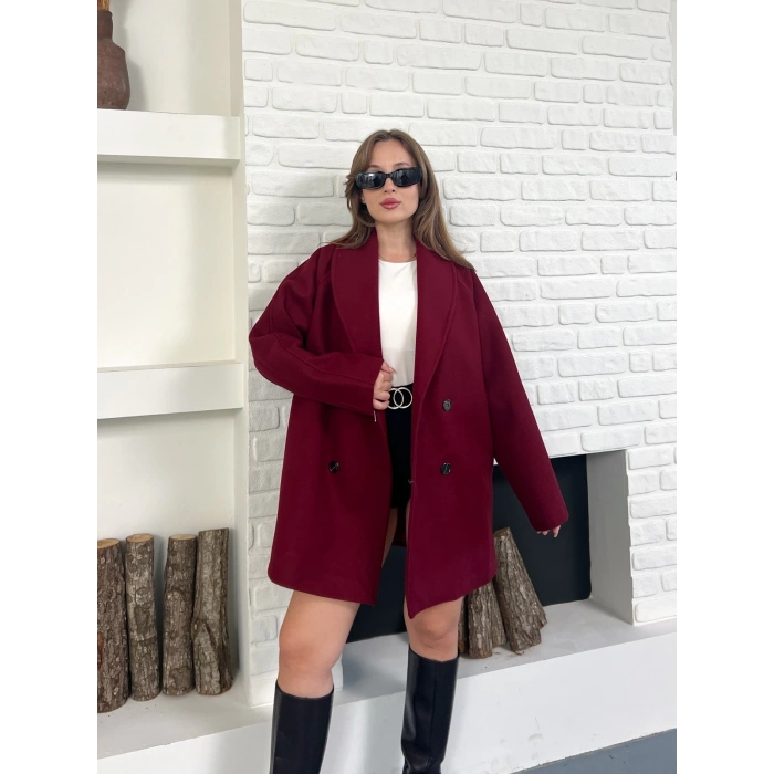 Düğme Detaylı Kaşe Ceket Bordo