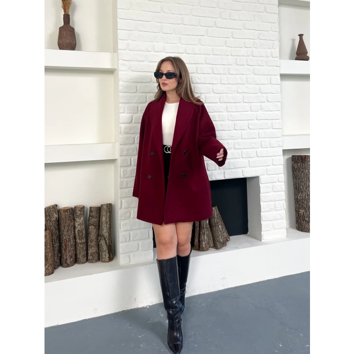 Düğme Detaylı Kaşe Ceket Bordo