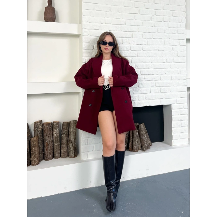 Düğme Detaylı Kaşe Ceket Bordo
