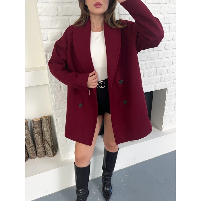 Düğme Detaylı Kaşe Ceket Bordo