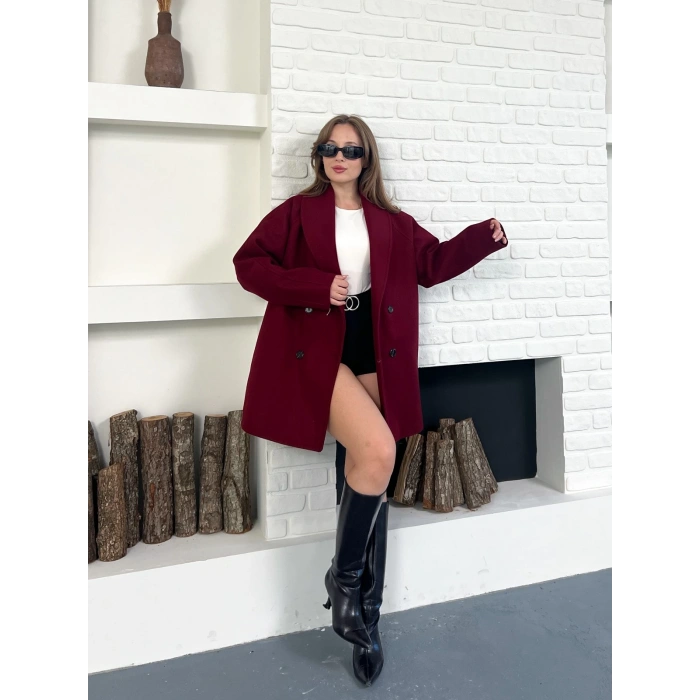 Düğme Detaylı Kaşe Ceket Bordo