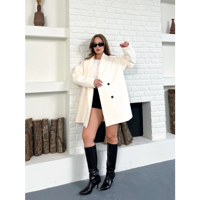 Düğme Detaylı Kaşe Ceket Ekru