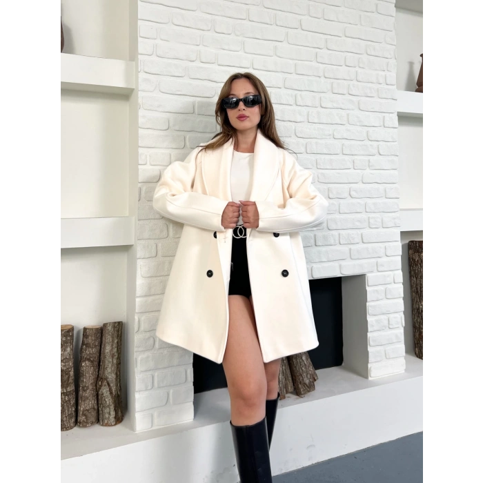 Düğme Detaylı Kaşe Ceket Ekru