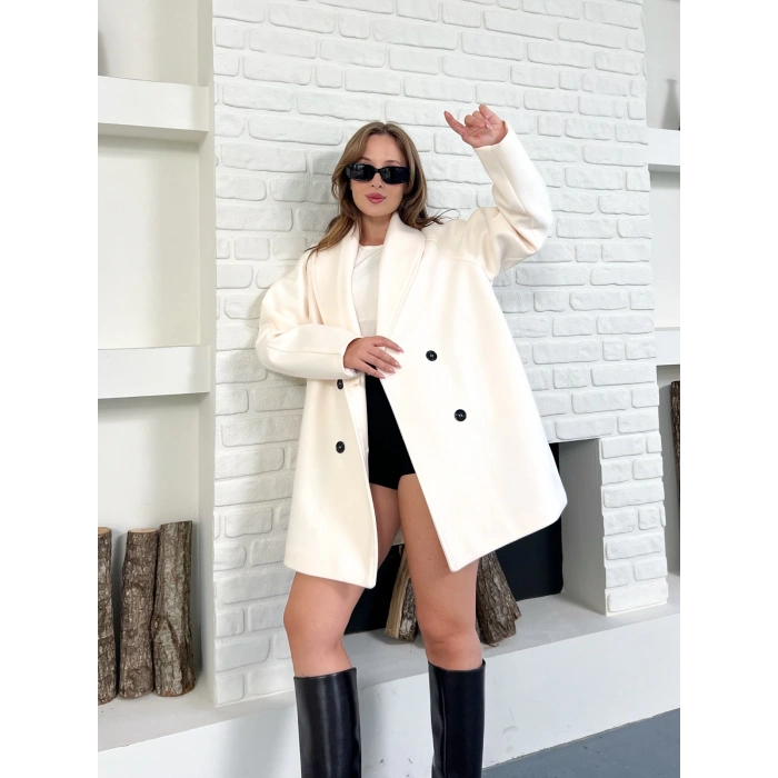 Düğme Detaylı Kaşe Ceket Ekru