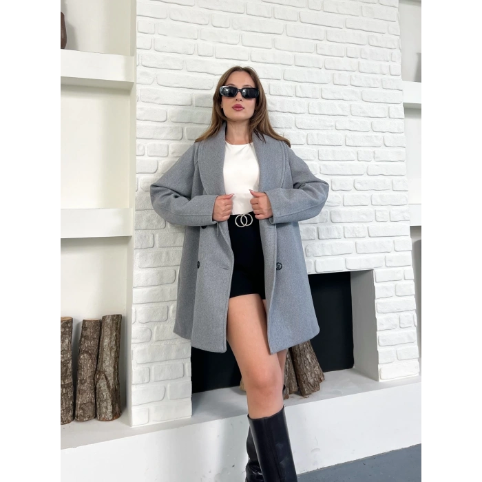 Düğme Detaylı Kaşe Ceket Gri