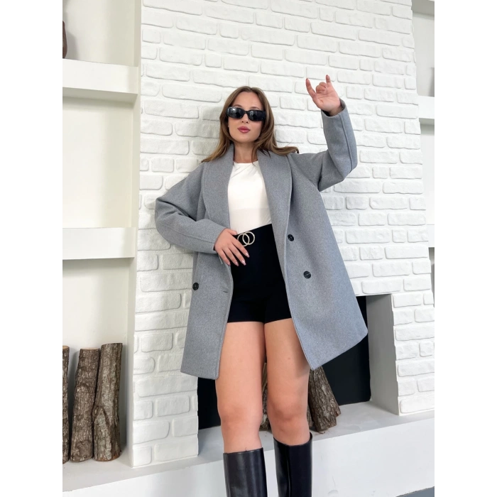 Düğme Detaylı Kaşe Ceket Gri