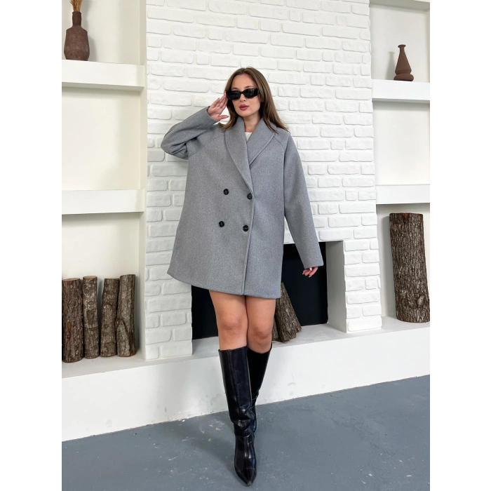 Düğme Detaylı Kaşe Ceket Gri