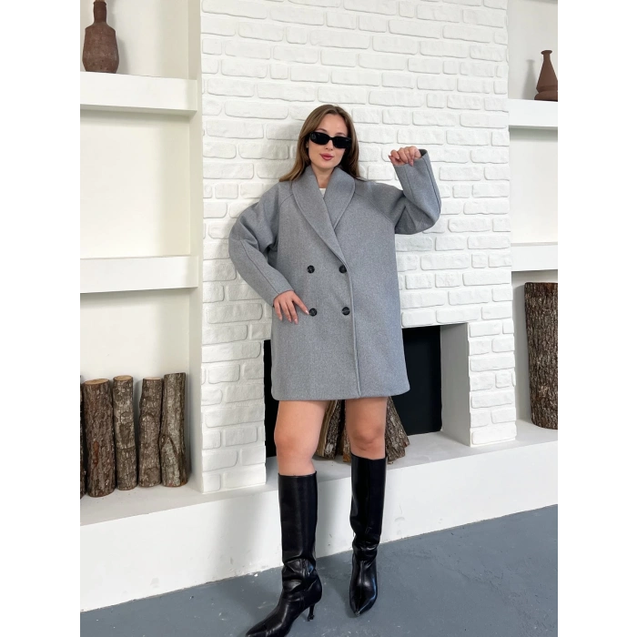 Düğme Detaylı Kaşe Ceket Gri