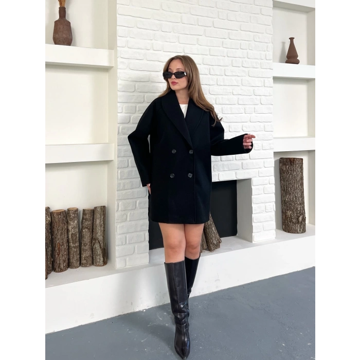 Düğme Detaylı Kaşe Ceket Siyah