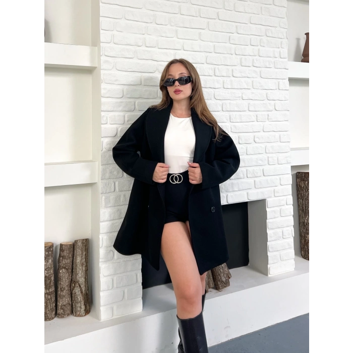 Düğme Detaylı Kaşe Ceket Siyah