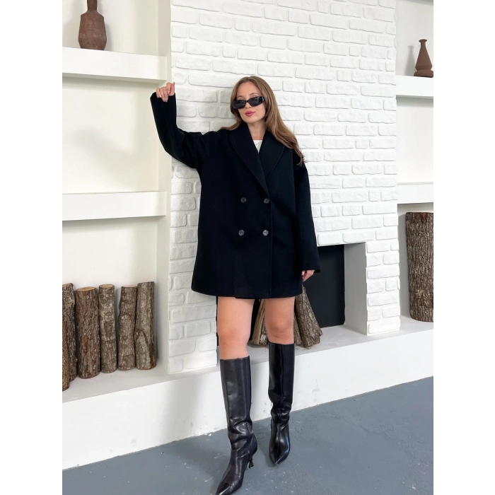 Düğme Detaylı Kaşe Ceket Siyah