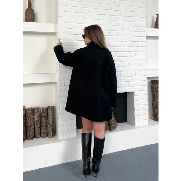 Düğme Detaylı Kaşe Ceket Siyah