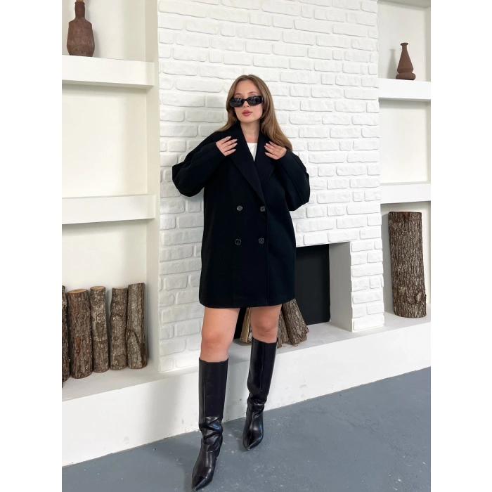 Düğme Detaylı Kaşe Ceket Siyah