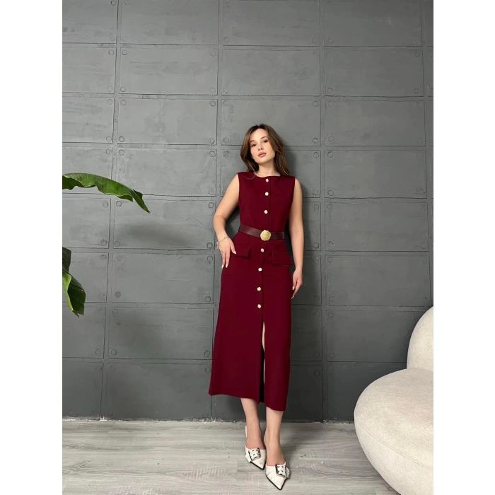 Düğme Detaylı Kemerli Elbise Bordo
