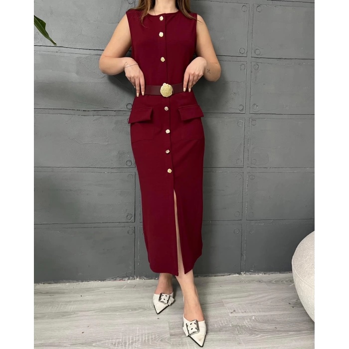 Düğme Detaylı Kemerli Elbise Bordo