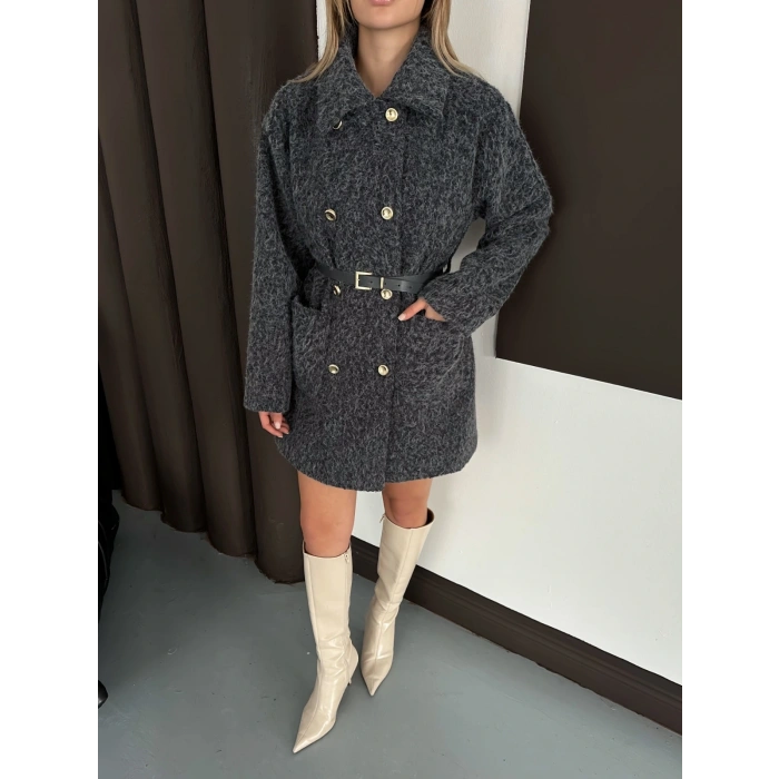 Düğme Detaylı Kemerli Tüylü Kumaş Kaban Antrasit