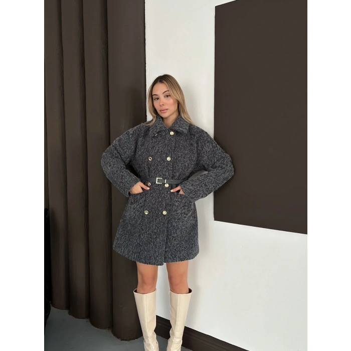 Düğme Detaylı Kemerli Tüylü Kumaş Kaban Antrasit