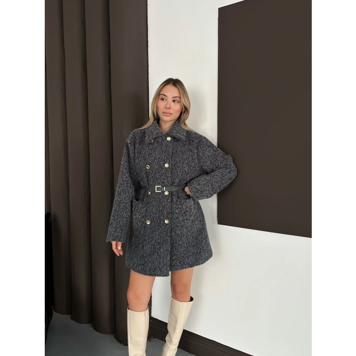 Düğme Detaylı Kemerli Tüylü Kumaş Kaban Antrasit