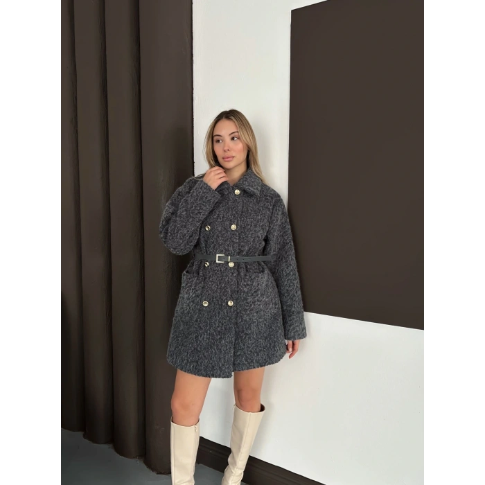 Düğme Detaylı Kemerli Tüylü Kumaş Kaban Antrasit