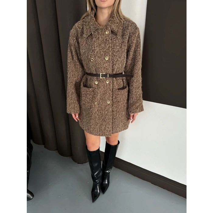 Düğme Detaylı Kemerli Tüylü Kumaş Kaban Kahverengi