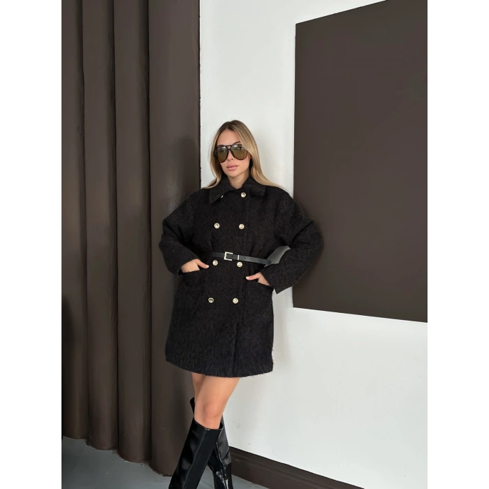 Düğme Detaylı Kemerli Tüylü Kumaş Kaban Siyah