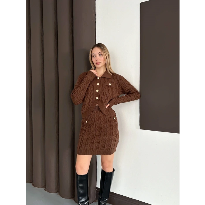 Düğme Detaylı Örgü Triko Takım Kahve