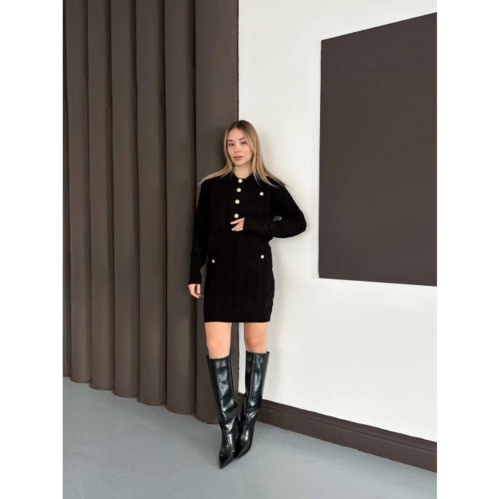 Düğme Detaylı Örgü Triko Takım Siyah