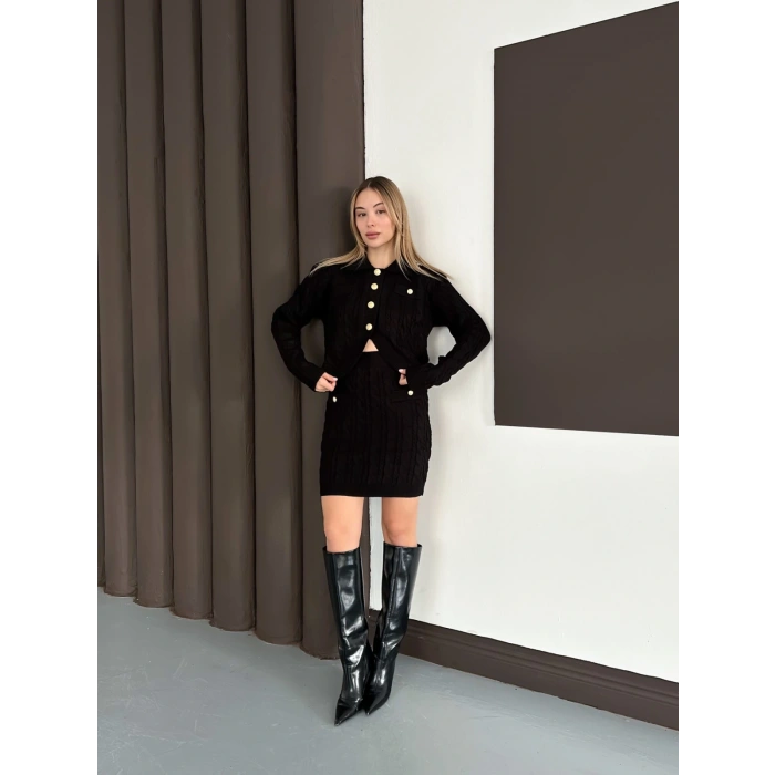 Düğme Detaylı Örgü Triko Takım Siyah