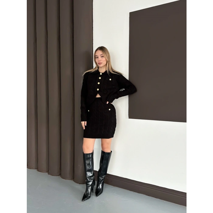 Düğme Detaylı Örgü Triko Takım Siyah