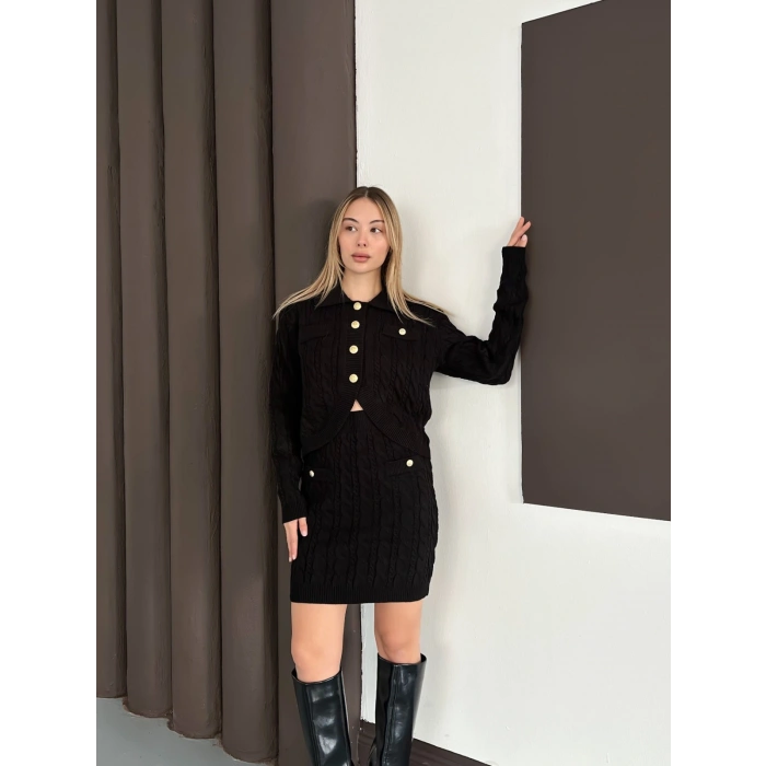 Düğme Detaylı Örgü Triko Takım Siyah