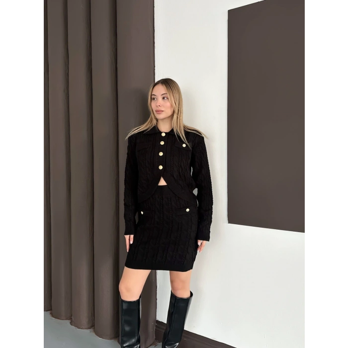 Düğme Detaylı Örgü Triko Takım Siyah