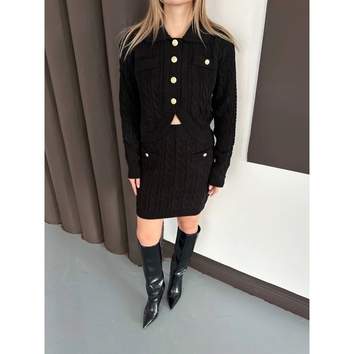 Düğme Detaylı Örgü Triko Takım Siyah