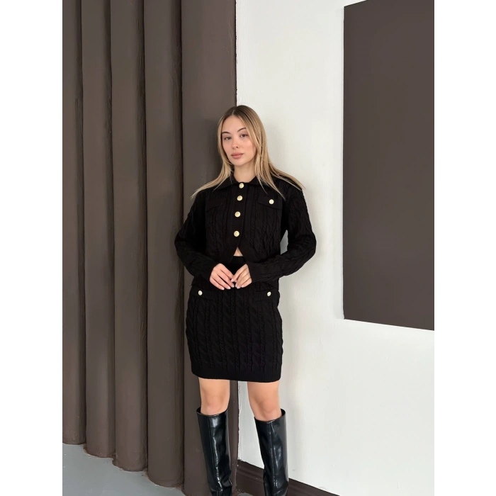 Düğme Detaylı Örgü Triko Takım Siyah