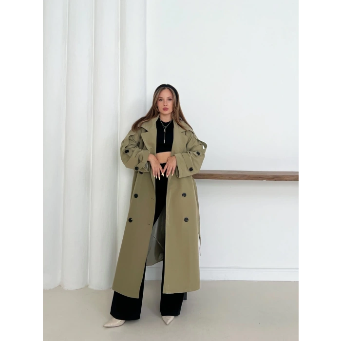 Düğme Detaylı Oversize Trençkot Haki